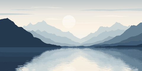 Mountain lake at dawn, morning light and sun, vector illustration