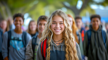 Junior high school students or Middle school students. Portrait of blonde girl teenager smiling on background with other teenagers.