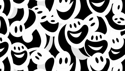 面白い笑顔の幸せそうな顔の市松模様のシームレスなパターン。レトロなサイケデリックなチェッカー ボード タイル笑顔アイコン背景テクスチャ。黒と白の漫画の落書きの壁紙。