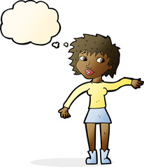 cartoon friendly woman waving with thought bubble