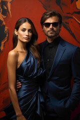 A modern and trendy male alongside a female in high-fashion couture standing against a dark solid blue background.