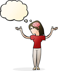 cartoon intelligent woman with thought bubble
