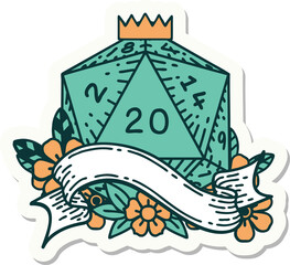 sticker of a natural twenty D20 dice roll