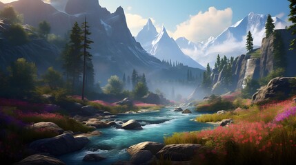 Panoramic view of the beautiful alpine meadows and river. Summer landscape. - obrazy, fototapety, plakaty