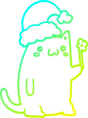 cold gradient line drawing of a cute cartoon christmas cat