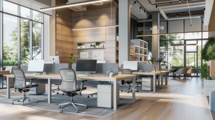 Fototapeta premium Busy Office Space With Desks and Chairs