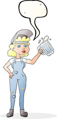 freehand drawn speech bubble cartoon hard working woman with beer