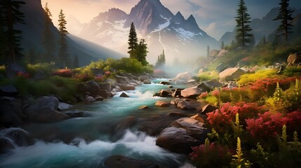 Beautiful mountain landscape with a river in the foreground. Panorama