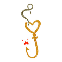 freehand retro cartoon love heart fish hook