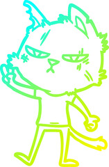 cold gradient line drawing of a tough cartoon cat giving victory sign