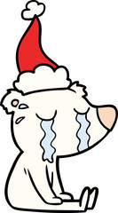hand drawn line drawing of a crying sitting polar bear wearing santa hat