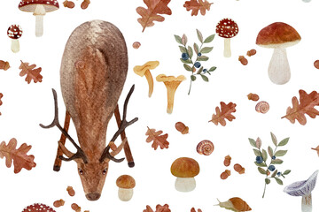 Autumn forest wild plants and a stag watercolor seamless pattern isolated on white.