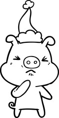 hand drawn line drawing of a angry pig wearing santa hat