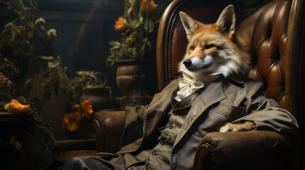 An elegant fox wears a designer trench coat, accessorized with a golden pocket watch and a silk ascot. The dark, opulent setting of a Victorian parlor sets the stage for its refined demeanor. Mood: di - obrazy, fototapety, plakaty