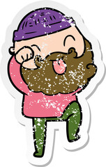 distressed sticker of a man with beard sticking out tongue