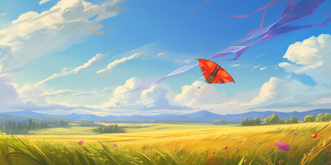 A colorful kite soaring high above a sunlit field, with fluffy clouds and a radiant sun in the sky.