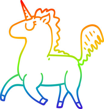 rainbow gradient line drawing of a cartoon unicorn