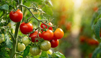 Ripe red tomatoes on green bush in greenhouse. Organic agriculture. Natural, healthy garden food