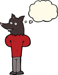 cartoon wolf man with thought bubble