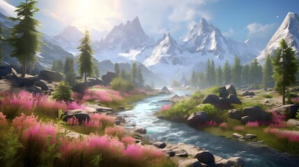 Panoramic view of a mountain river with pink flowers on the foreground