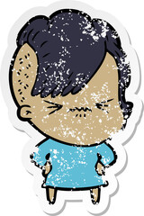 distressed sticker of a cartoon annoyed hipster girl