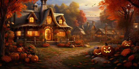  A quaint village square adorned with bales of hay, scarecrows, and cornucopias overflowing with fall harvest .