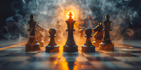 chess queen beats king between other pieces on the chessboard, smoke over the battle, dark background, concept for aggression, success and competition. generative ai 
