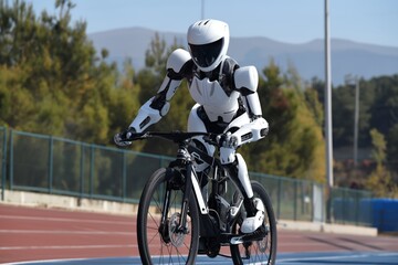 Fototapeta na wymiar A modern robot cyclist on a sports track, symbolizing technological advancement in robotics and AI cycling skills.