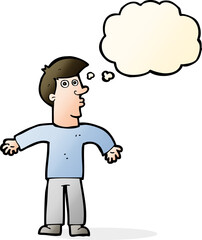 cartoon man shrugging shoulders with thought bubble