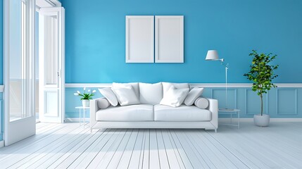 living room with white sofa set and picture frame on blue wall and bright laminate floor