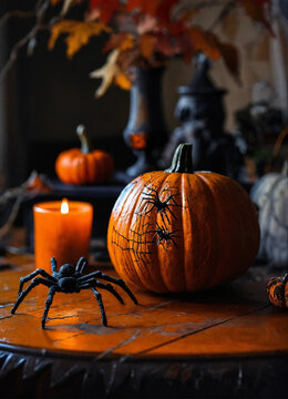 Halloween holiday. In the room there is a candle and a scary pumpkin on a wooden table, and a big black spider is crawling nearby. Created with the help of artificial intelligence.