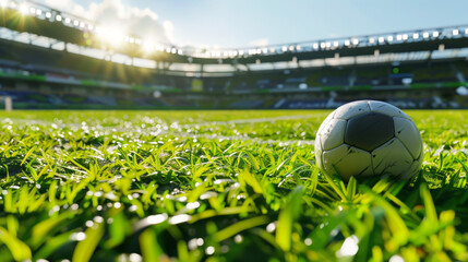 ball in green field in soccer stadium.