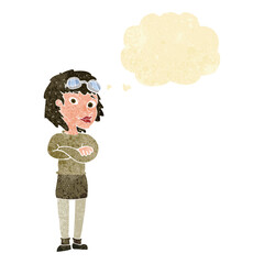 cartoon woman with crossed arms and safety goggles with thought bubble
