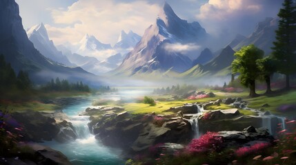 Fantastic panoramic landscape with a mountain river in the foreground