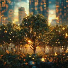City-Tree Connections, Structures, Interdependence, Harmony with Nature in Future Cities, Sustainable Urban Environments, Conceptual Artistic Visualization