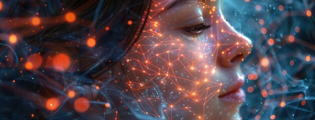 Close-Up of a Woman's Face with a Futuristic Network Overlay Symbolizing Connectivity and Artificial Intelligence