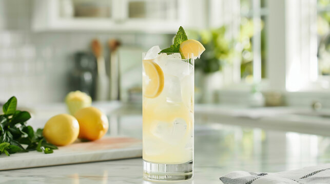 a gin press cocktail in a highball glass on a white kitchen counter in a luxury modern farmhouse