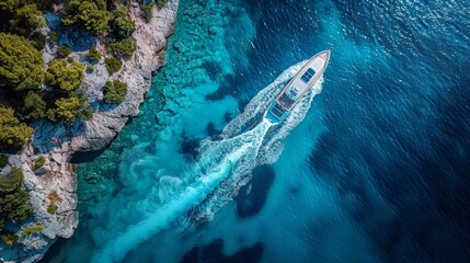 Aerial view of a luxury motor boat. Speed boat on the azure sea in turquoise blue water	 - obrazy, fototapety, plakaty