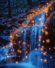 Stardust Spores, Luminescent Capsules, Tiny spores emitting soft light beneath a shimmering waterfall