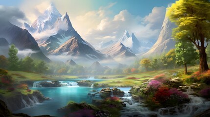 Fantastic panoramic landscape with mountains, lake and forest