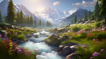 Beautiful panoramic view of the mountain river in the summer