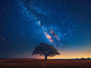 Impressive perspective wide angle shot of big trees in the middle of a meadow and background sky with the Milky Way at night.long exposure picture picture.