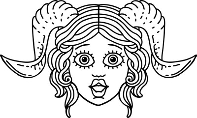 Black and White Tattoo linework Style tiefling character face