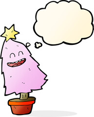 cartoon dancing christmas tree with thought bubble