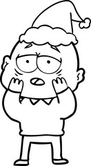 Obraz premium hand drawn line drawing of a tired bald man wearing santa hat