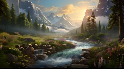 Panoramic view of a mountain river in the forest at sunset