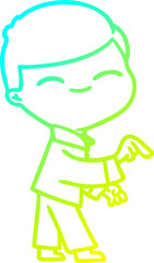 cold gradient line drawing of a cartoon smiling boy pointing