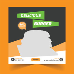 Free Vector Delicious Burger or Delicious Food Menu Design Social Media Post Web Banner Template.