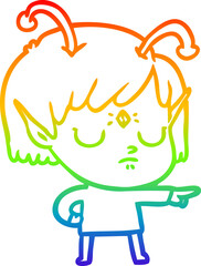 rainbow gradient line drawing of a cartoon alien girl
