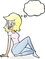 cartoon pretty woman looking happy with thought bubble